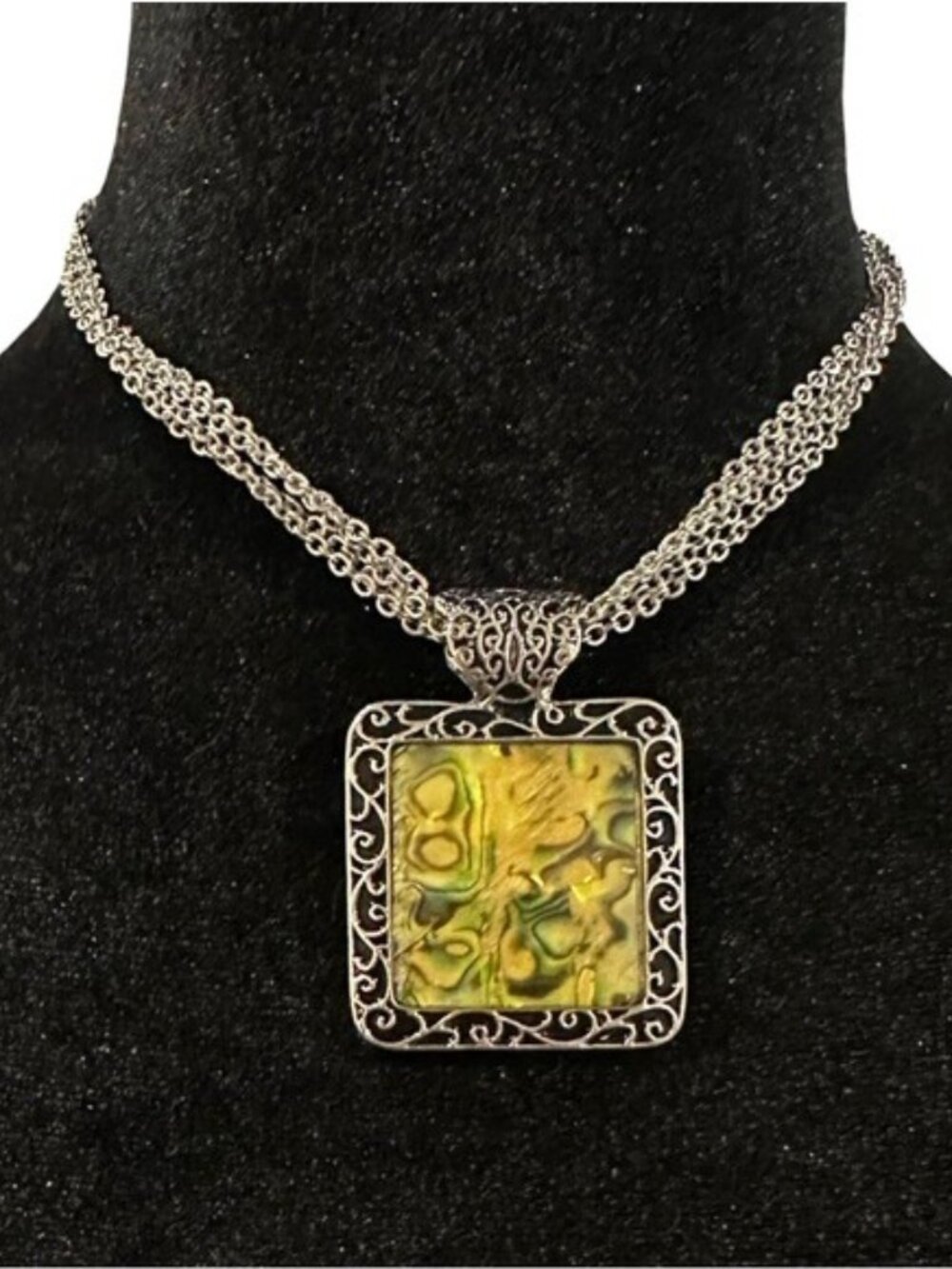 Pendant Necklace Silver Tone Multi Strand Square Abalone Center Reversible